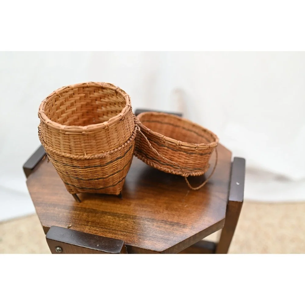 Vintage Footed Woven Basket with Lid and Handle Brown Boho Decor 6.5